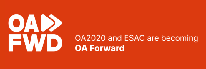 Logoen til OA FWD med teksten "OA2020 and ESAC are becoming OA Forward"